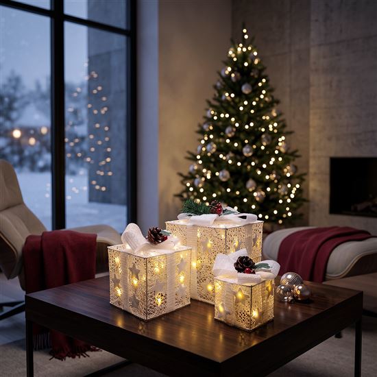 Solight sada 3 LED vánočních dárků, 48x LED, IP44, 230V, bílé provedení