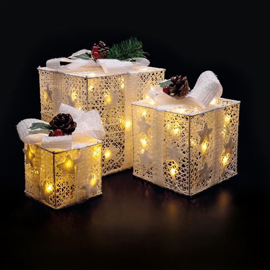 Solight sada 3 LED vánočních dárků, 48x LED, IP44, 230V, bílé provedení