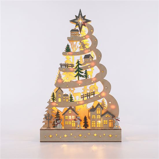 Solight LED dřevěný vánoční stromek s dekoracemi, 17x LED, bílá, 45cm, 2x AA