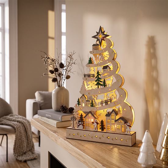 Solight LED dřevěný vánoční stromek s dekoracemi, 17x LED, bílá, 45cm, 2x AA