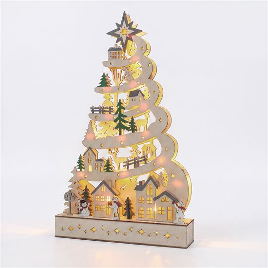 Solight LED dřevěný vánoční stromek s dekoracemi, 17x LED, bílá, 45cm, 2x AA