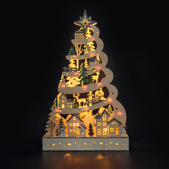 Solight LED dřevěný vánoční stromek s dekoracemi, 17x LED, bílá, 45cm, 2x AA