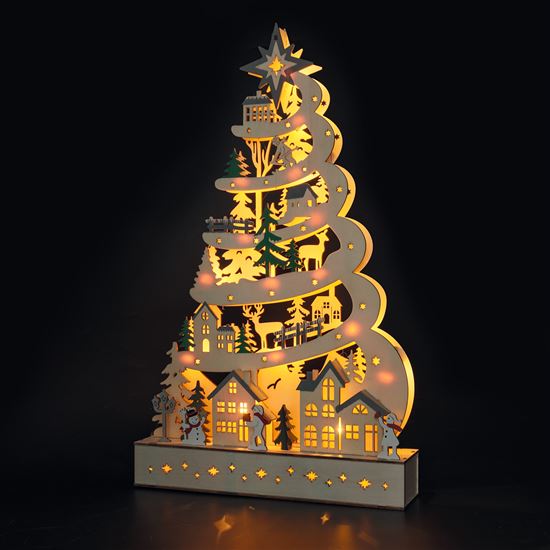 Solight LED dřevěný vánoční stromek s dekoracemi, 17x LED, bílá, 45cm, 2x AA