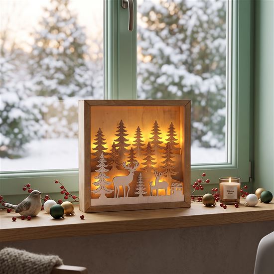 Solight LED 3D dřevěná vánoční dekorace v rámu, 12x LED, 25cm, 2x AA