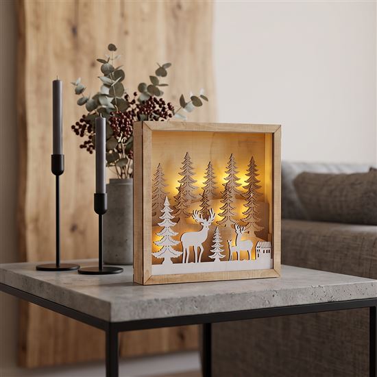 Solight LED 3D dřevěná vánoční dekorace v rámu, 12x LED, 25cm, 2x AA