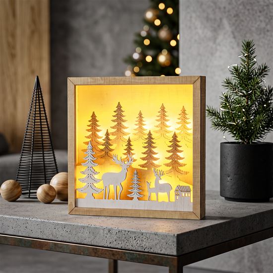 Solight LED 3D dřevěná vánoční dekorace v rámu, 12x LED, 25cm, 2x AA
