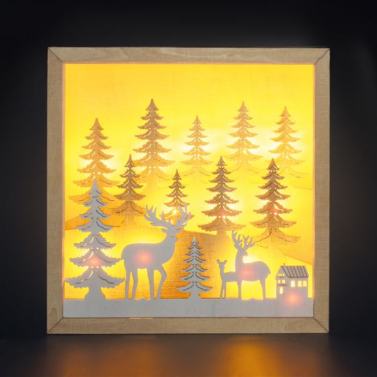 Solight LED 3D dřevěná vánoční dekorace v rámu, 12x LED, 25cm, 2x AA