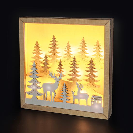 Solight LED 3D dřevěná vánoční dekorace v rámu, 12x LED, 25cm, 2x AA