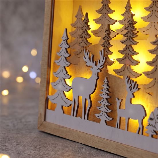 Solight LED 3D dřevěná vánoční dekorace v rámu, 12x LED, 25cm, 2x AA