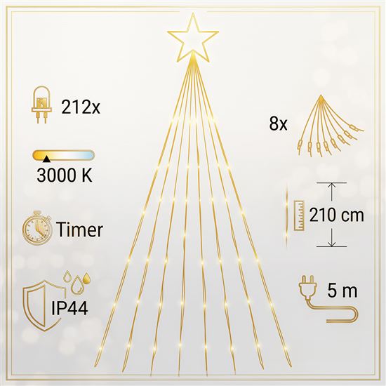 Solight LED řetěz s hvězdou na vánoční strom, výška 2,1m, 212 LED, IP44