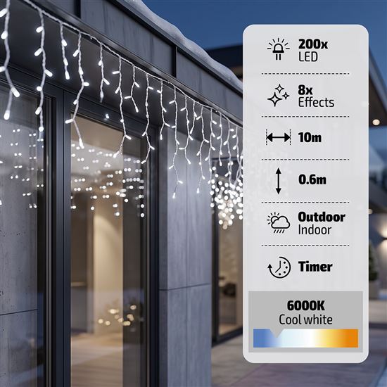 Solight LED vánoční girlanda, rampouchy, 200 LED, 10m, IP44, studené bílé světlo