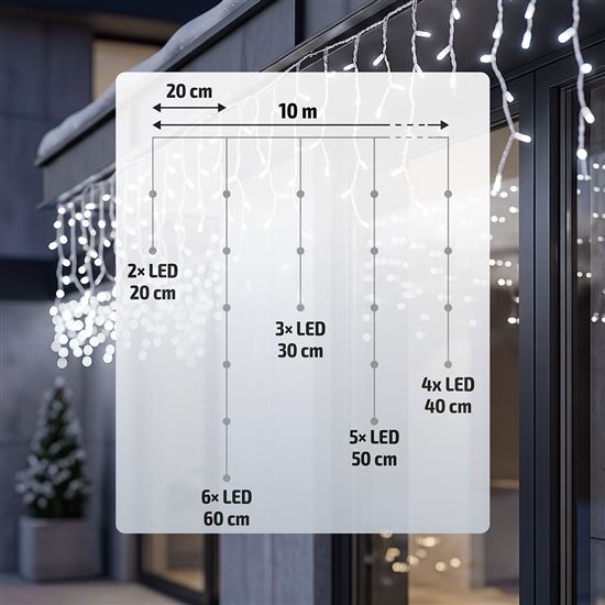 Solight LED vánoční girlanda, rampouchy, 200 LED, 10m, IP44, studené bílé světlo