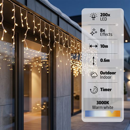 Solight LED vánoční girlanda, rampouchy, 200 LED, 10m, IP44, teplé bílé světlo