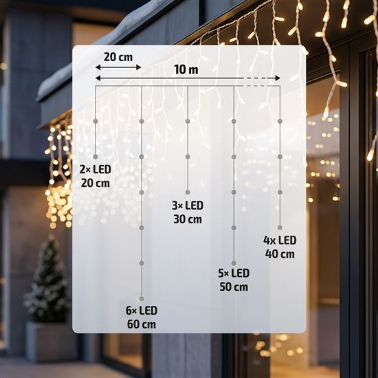 Solight LED vánoční girlanda, rampouchy, 200 LED, 10m, IP44, teplé bílé světlo