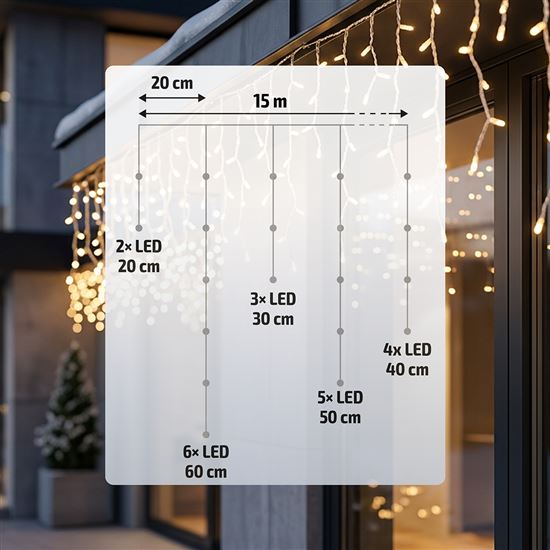 Solight LED vánoční girlanda, rampouchy, 300 LED, 15m, IP44, teplé bílé světlo