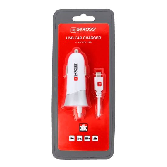 SKROSS USB Car Charger & Micro USB nabíjecí autoadaptér , integrovaný kabel + 1x USB výstup navíc, 3000mA max.