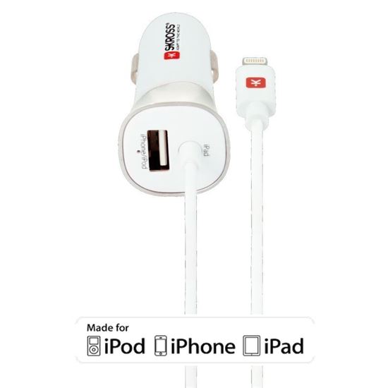 SKROSS USB Car Charger & Lightning Connector nabíjecí autoadaptér, integrovaný kabel + 1x USB výstup navíc, 3400mA max.