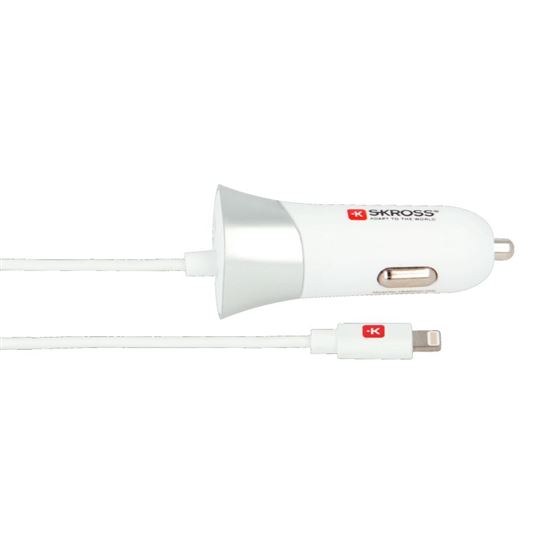 SKROSS USB Car Charger & Lightning Connector nabíjecí autoadaptér, integrovaný kabel + 1x USB výstup navíc, 3400mA max.