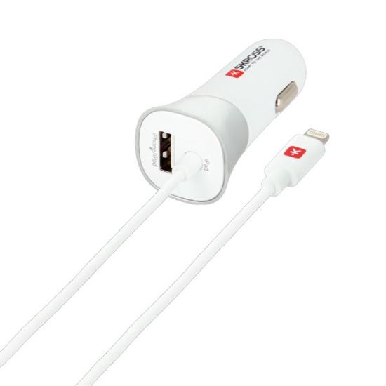 SKROSS USB Car Charger & Lightning Connector nabíjecí autoadaptér, integrovaný kabel + 1x USB výstup navíc, 3400mA max.