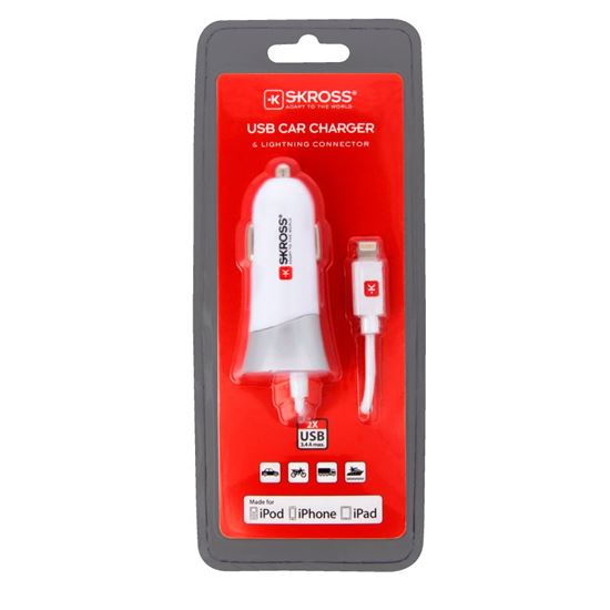 SKROSS USB Car Charger & Lightning Connector nabíjecí autoadaptér, integrovaný kabel + 1x USB výstup navíc, 3400mA max.