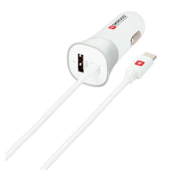 SKROSS USB Car Charger & Type-C nabíjecí autoadaptér, integrovaný kabel + 1x USB výstup navíc, 5400mA max.