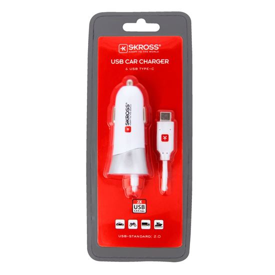 SKROSS USB Car Charger & Type-C nabíjecí autoadaptér, integrovaný kabel + 1x USB výstup navíc, 5400mA max.
