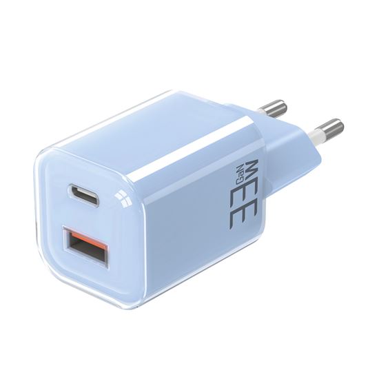 Solight 33W GaN fast charge USB-A + USB-C adaptér, modrý