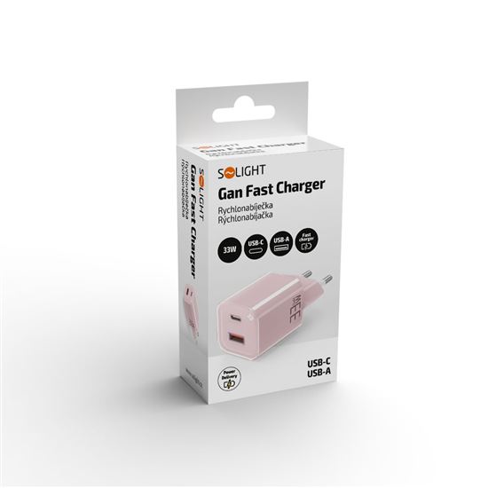 Solight 33W GaN fast charge USB-A + USB-C adaptér, růžový