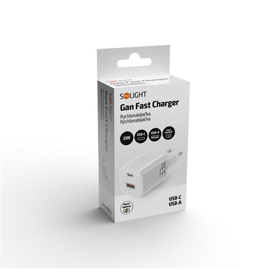 Solight 33W GaN fast charge USB-A + USB-C adaptér, bílý