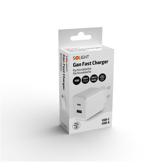 Solight 45W GaN fast charge USB-A + USB-C adaptér