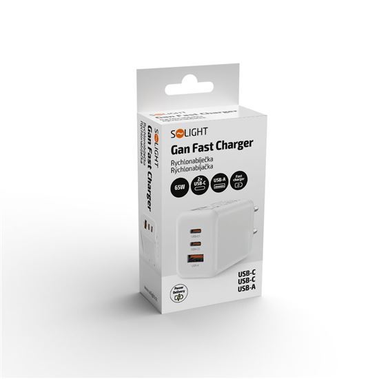 Solight 65W GaN fast charge USB-A + 2x USB-C adaptér