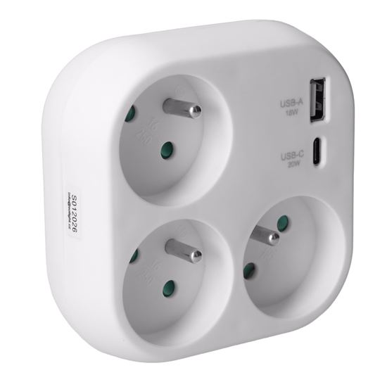 Solight rozbočka 3x 16A, USB A+C rychlonabíječka 20W PD, bílá