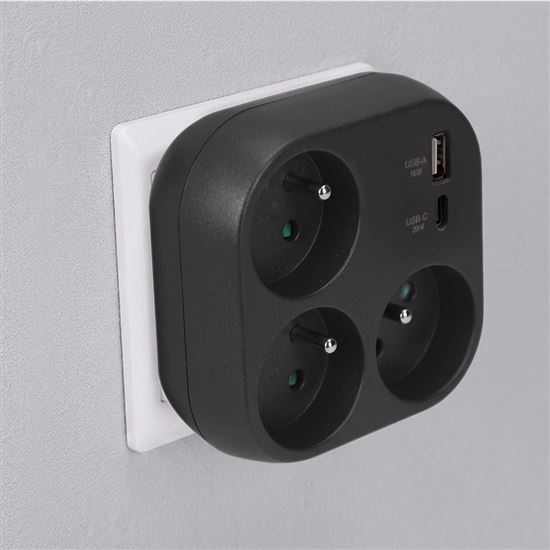 Solight rozbočka 3x 16A, USB A+C rychlonabíječka 20W PD, černá