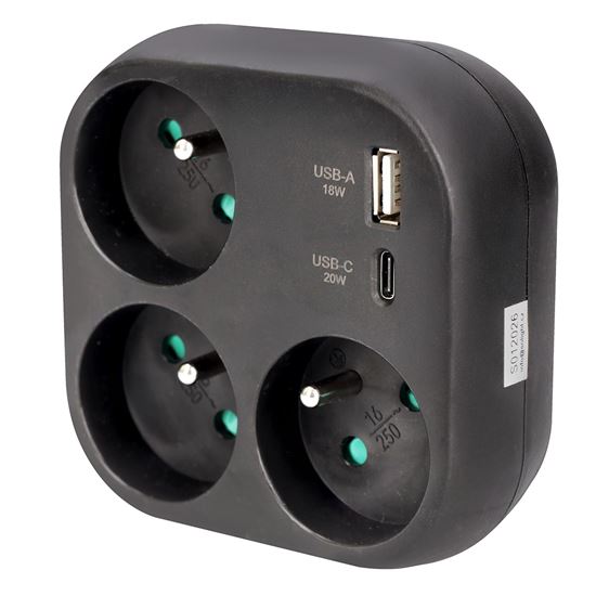 Solight rozbočka 3x 16A, USB A+C rychlonabíječka 20W PD, černá