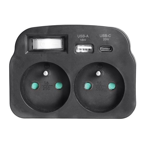 Solight rozbočka 2 x 16A, USB A+C rychlonabíječka 20W PD, černá, vypínač