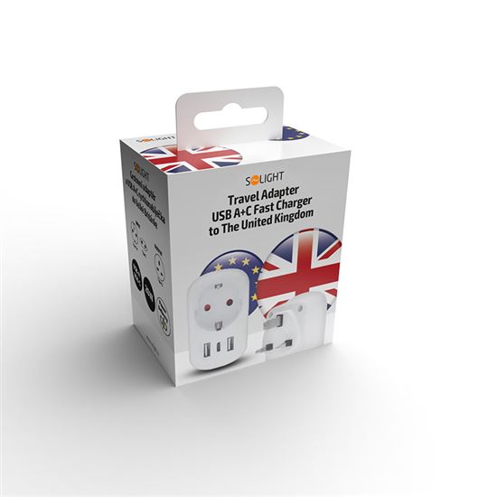 Solight cestovní adaptér s USB A+C 20W PD do Velké Británie, typ G