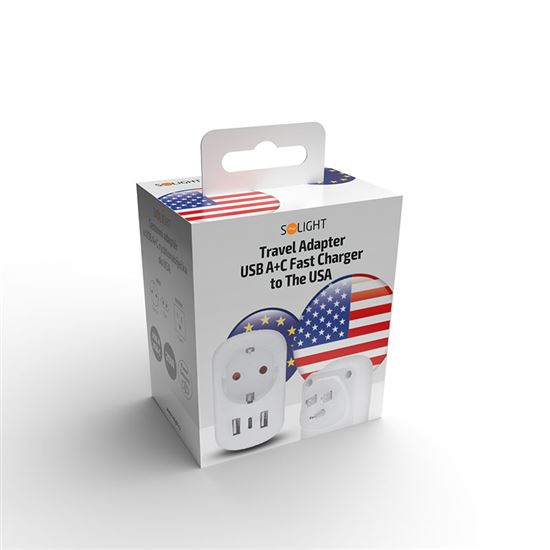 Solight cestovní adaptér s USB A+C 20W PD do Spojených států, typ B