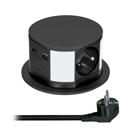 Solight výsuvný blok zásuvek, 3 x 16 A + USB A+C 20W PD, kabel 2m, černý