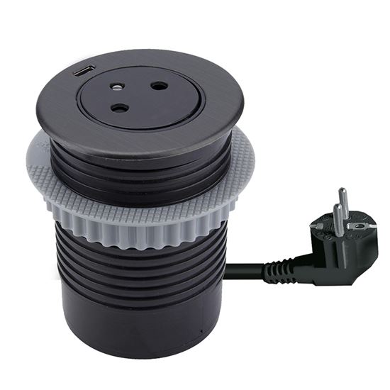 Solight 1z + 1x USB-C vestavná zásuvka, nerez ocel, EasyEject systém, prodlužovací přívod 1,5m, 3x 1,5mm2, USB 3.0A, tmavá metalická