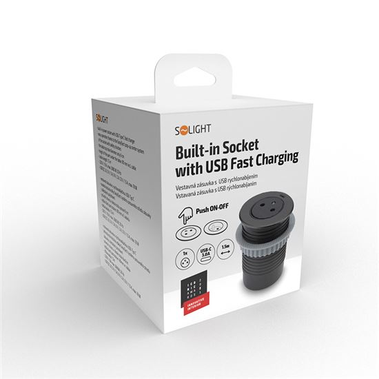 Solight 1z + 1x USB-C vestavná zásuvka, nerez ocel, EasyEject systém, prodlužovací přívod 1,5m, 3x 1,5mm2, USB 3.0A, tmavá metalická