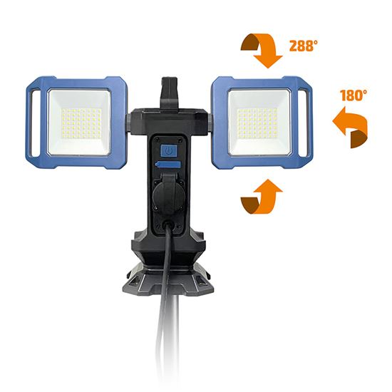 Solight duální teleskopický přenosný LED reflektor se zásuvkou, 2x30W, 5400lm, 4000K, 62-152cm, IP54