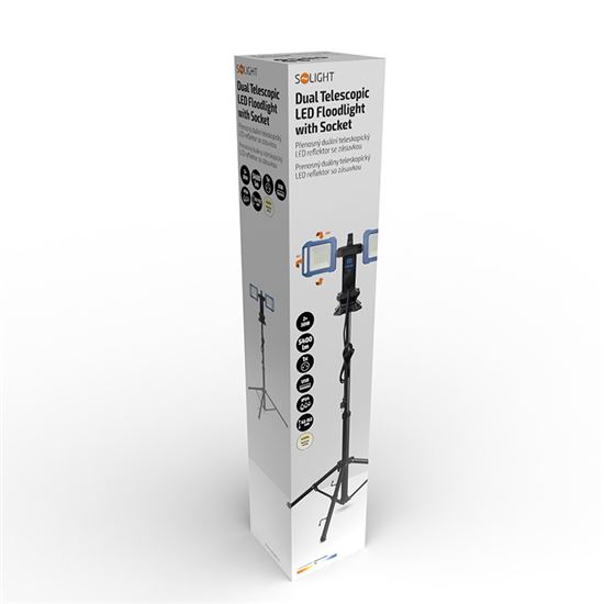 Solight duální teleskopický přenosný LED reflektor se zásuvkou, 2x30W, 5400lm, 4000K, 62-152cm, IP54