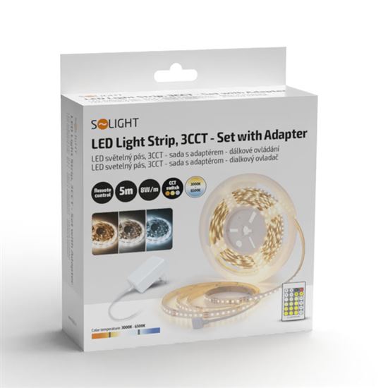 Solight LED světelný pás, RGB, 5m, sada s 12V adaptérem a dálk. ovladačem, 7,2W/m, IP20