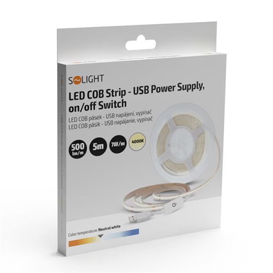 Solight LED COB pásek, 5m, 7W/m, 500lm/m,  neutrální bílá, USB napájení, vypínač, 8mm