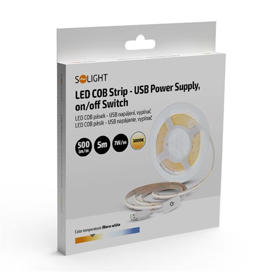Solight LED COB pásek, 5m, 7W/m, 500lm/m,  teplá bílá, USB napájení, vypínač, 8mm