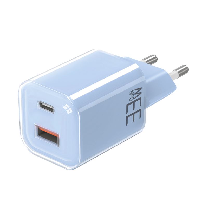 Solight 33W GaN fast charge USB-A + USB-C adaptér, modrý
