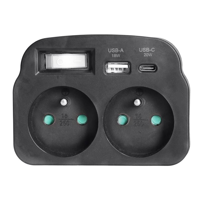 Solight rozbočka 2 x 16A, USB A+C rychlonabíječka 20W PD, černá, vypínač